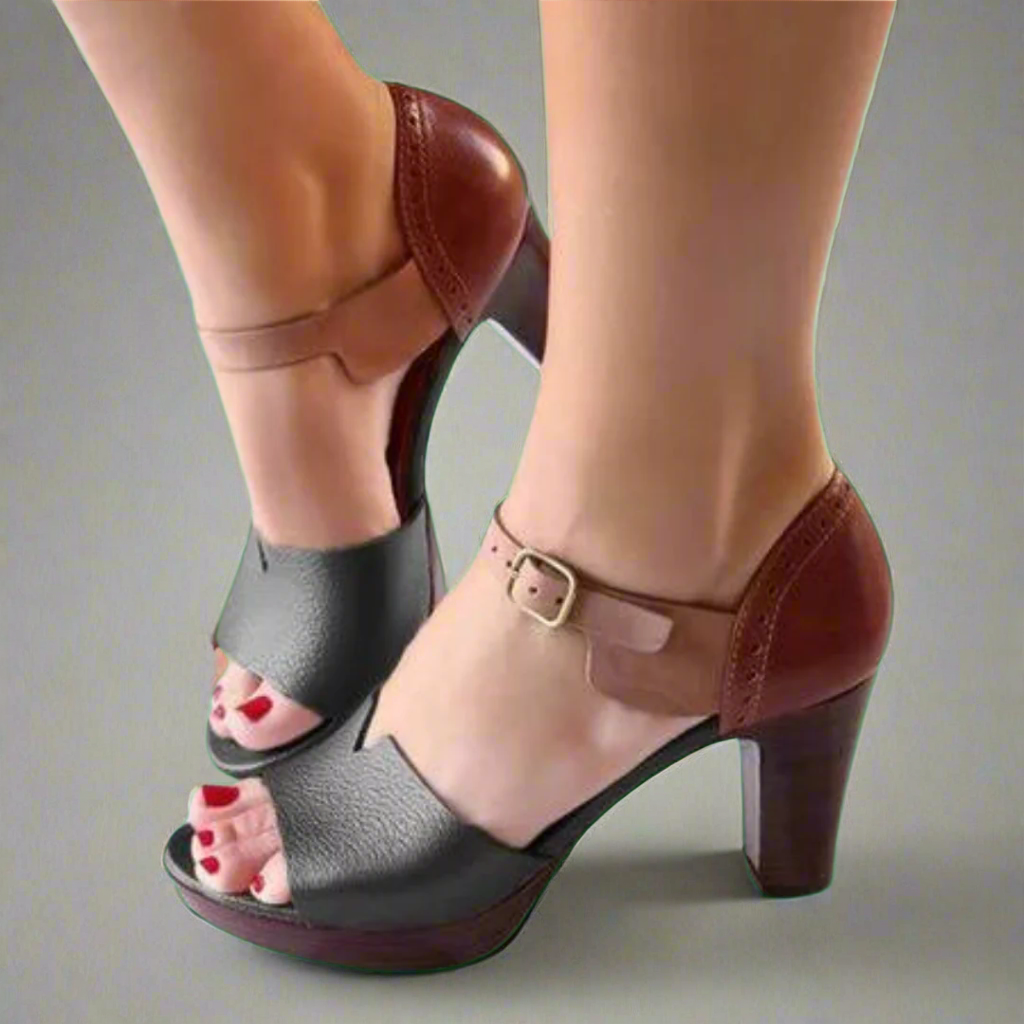 Katharina | Sandale Premium cu Toc în Stil Coreean cu Blocuri de Culoare și Cataramă