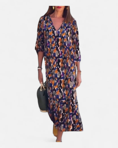 Nathalie™ – Rochie cu Imprimeu Retro și Guler în V