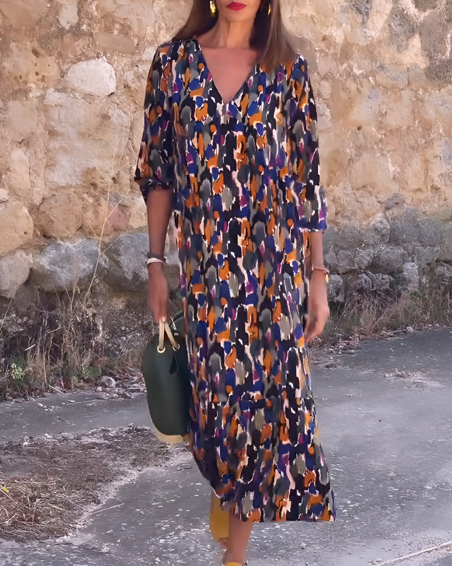 Nathalie™ – Rochie cu Imprimeu Retro și Guler în V