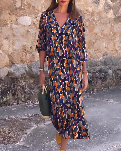 Nathalie™ – Rochie cu Imprimeu Retro și Guler în V