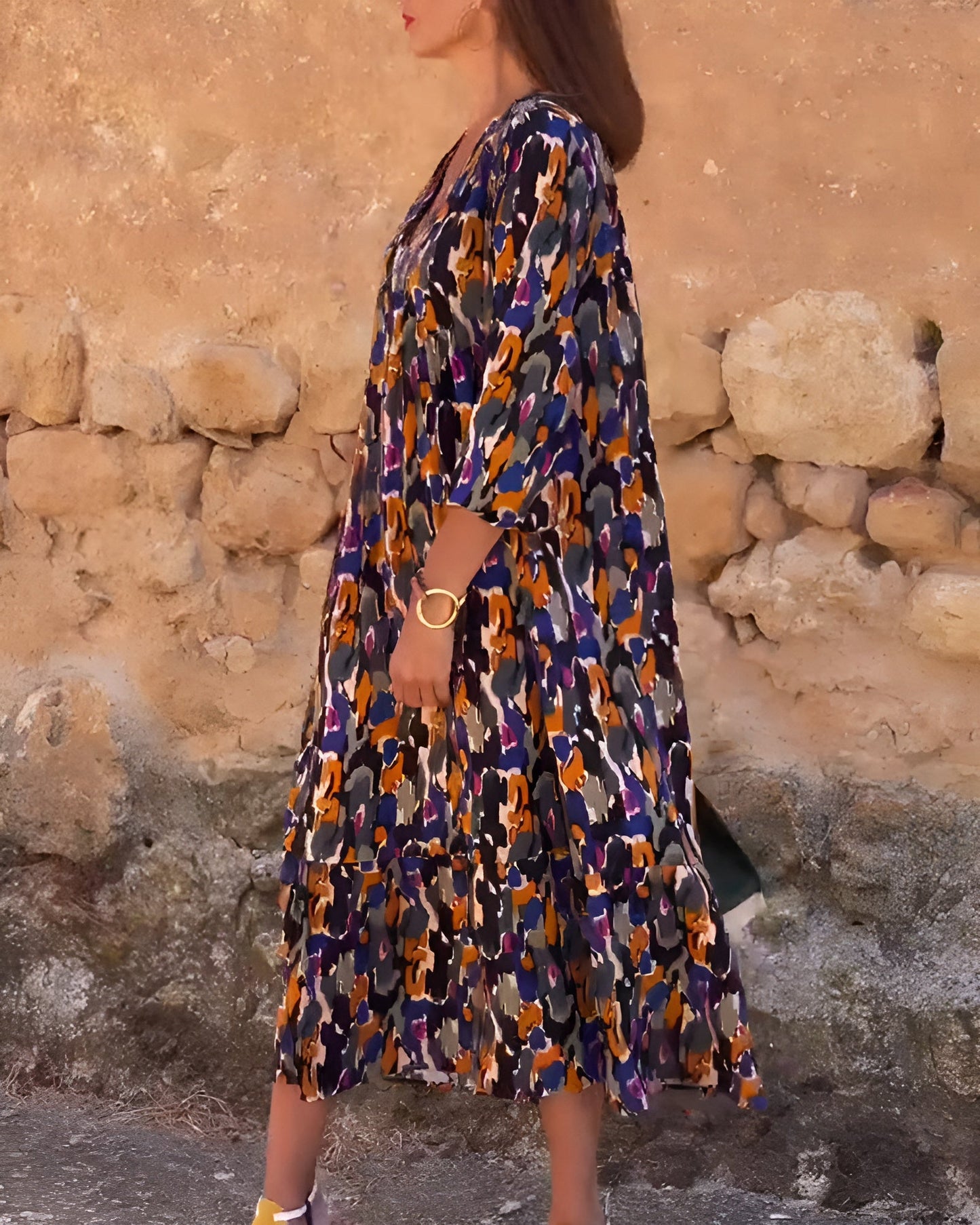 Nathalie™ – Rochie cu Imprimeu Retro și Guler în V