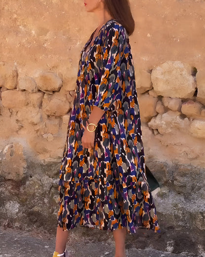 Nathalie™ – Rochie cu Imprimeu Retro și Guler în V