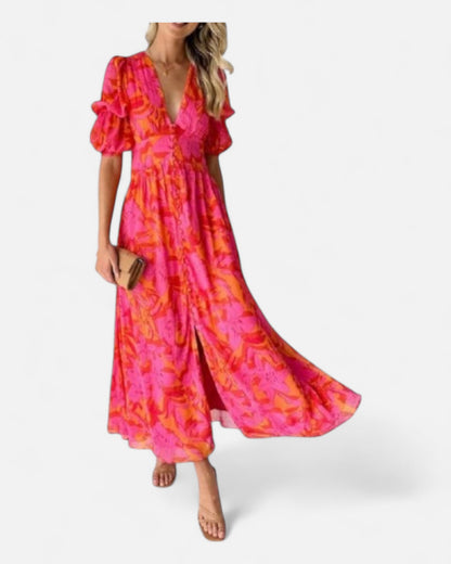 Barbara - Rochie Maxi Roșie și Roz