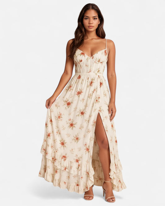 Yana™ | Rochie maxi cu volane și model floral