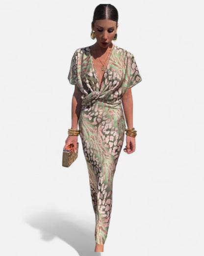 Kelsey - Rochie lungă cu decolteu în V și detaliu răsucit