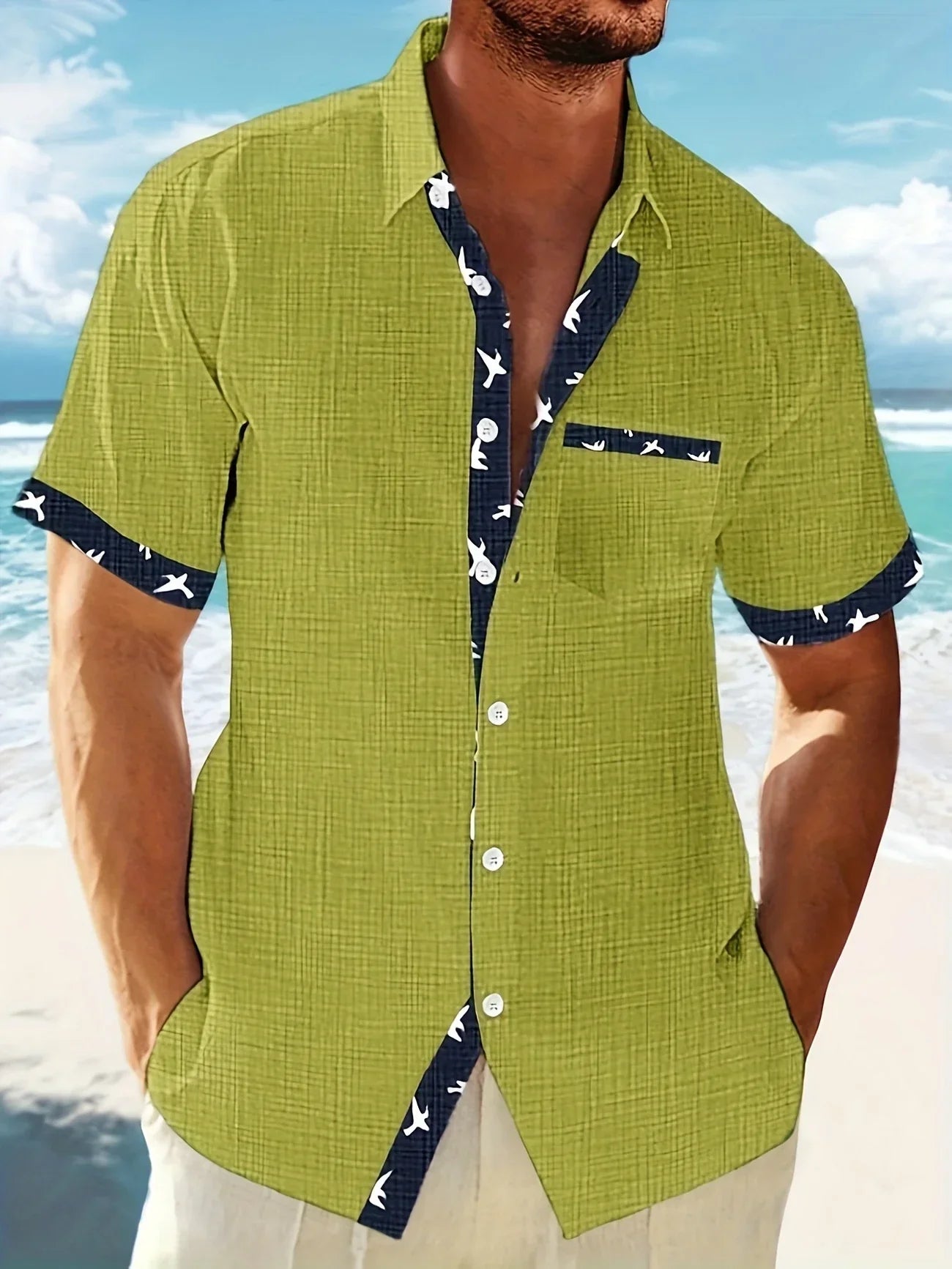 Trofim - Cămașă Elegantă Cu Imprimeu Cu Păsări Drăguțe